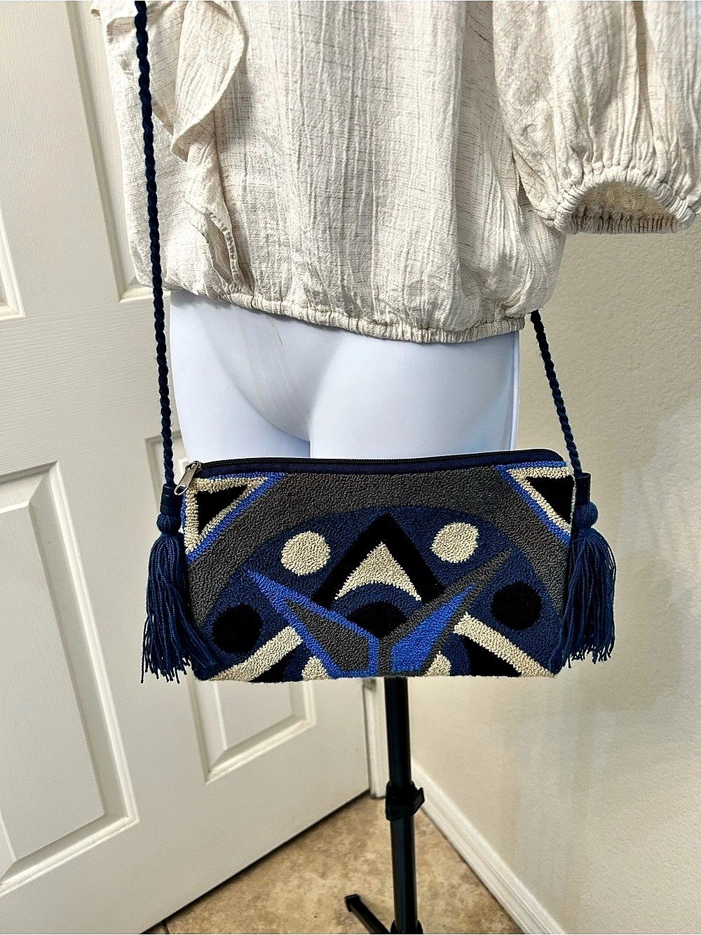 Boho Geometric Crossbody Bag in Blue & Black Like New